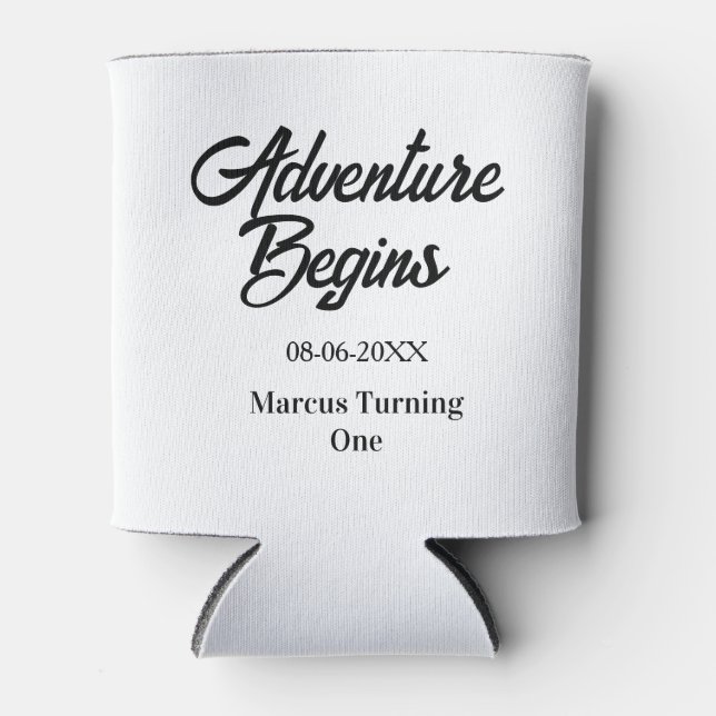 Adventure begins 1st birthday name date simple min can cooler (Front)