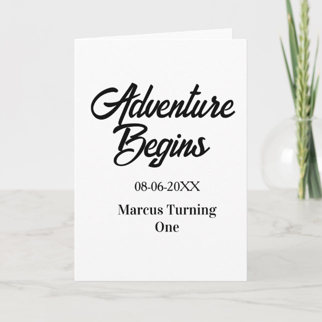 Adventure begins 1st birthday name date simple min card (Front)