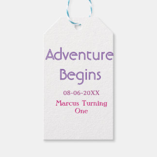 Adventure begins 1st birthday name date simple min gift tags