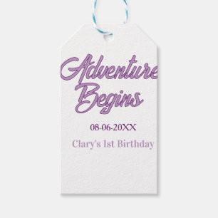 Adventure begins 1st birthday name date simple min gift tags