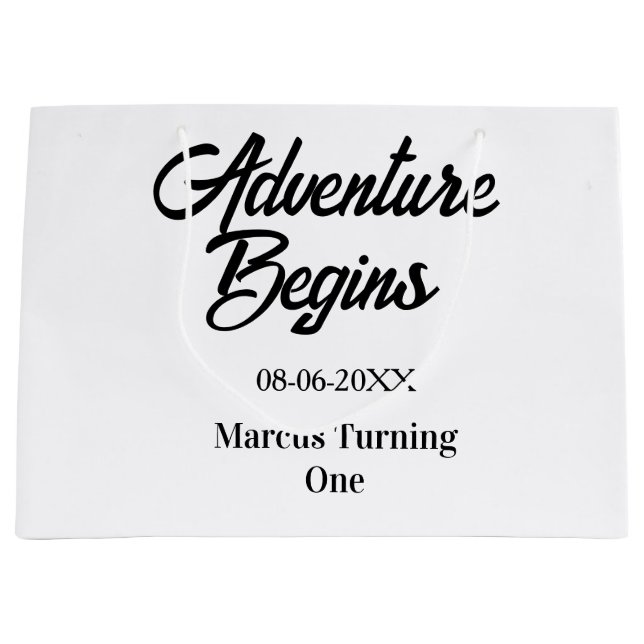 Adventure begins 1st birthday name date simple min large gift bag (Front)