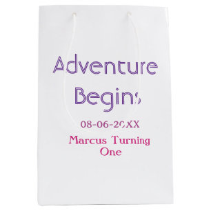 Adventure begins 1st birthday name date simple min medium gift bag