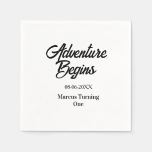 Adventure begins 1st birthday name date simple min napkin