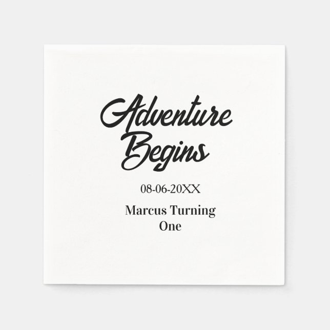 Adventure begins 1st birthday name date simple min napkin (Front)