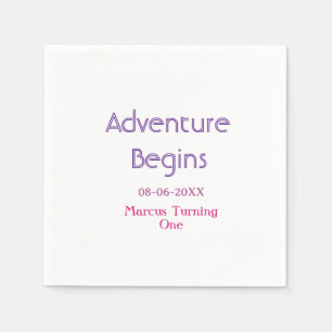 Adventure begins 1st birthday name date simple min napkin