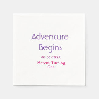 Adventure begins 1st birthday name date simple min napkin