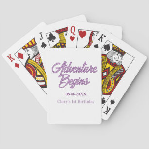 Adventure begins 1st birthday name date simple min playing cards