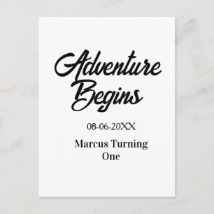 Adventure begins 1st birthday name date simple min postcard