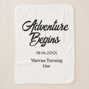 Adventure begins 1st birthday name date simple min sherpa blanket