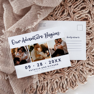 Adventure Begins 3-Photo Wedding Save The Date Postcard
