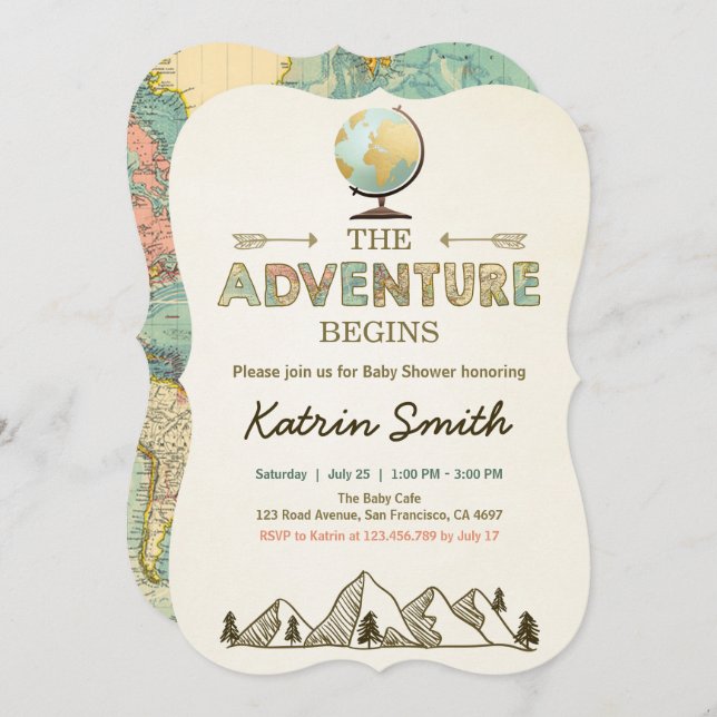 Adventure begins Baby shower invitation Globe map (Front/Back)