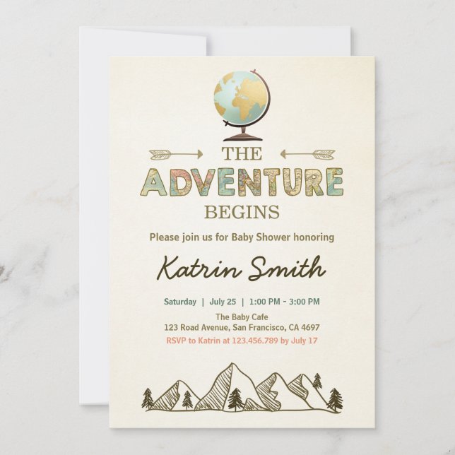 Adventure begins Baby shower invitation Globe map (Front)