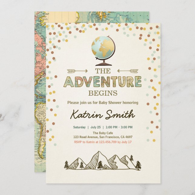 Adventure begins Baby shower invitation Globe map (Front/Back)