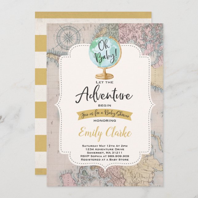 Adventure Begins Baby Shower Invitation Map Shower (Front/Back)