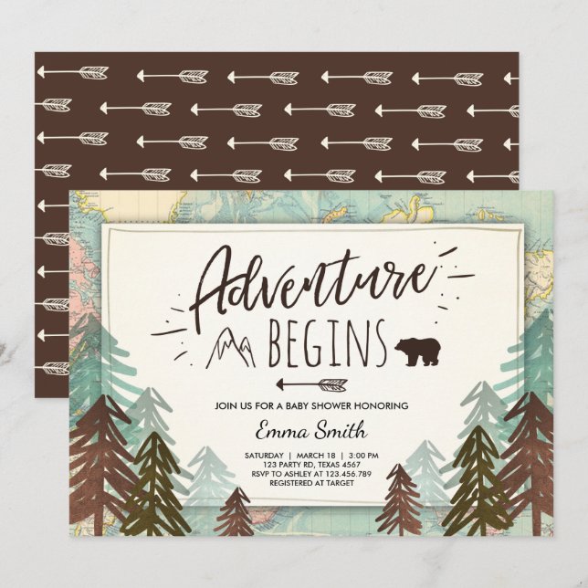 Adventure Begins Baby shower invitation Travel map (Front/Back)