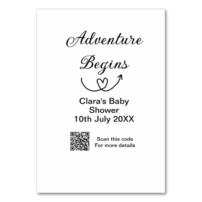Adventure begins baby shower scan QR code heart si Table Number (Front)