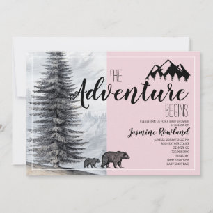 Adventure Begins Bear Pink Baby Girl Shower Invitation