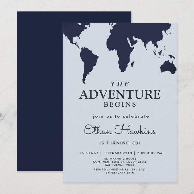 Adventure begins Birthday World Travel Map Explore Invitation (Front/Back)