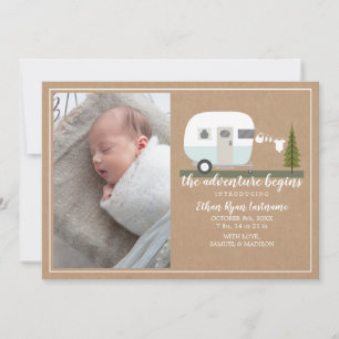 Adventure Begins Blue Camper Baby Birth Announcement