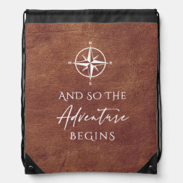 Adventure Begins Brown Leather Drawstring Bag