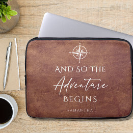 Adventure Begins Brown Leather Personalised Laptop Sleeve