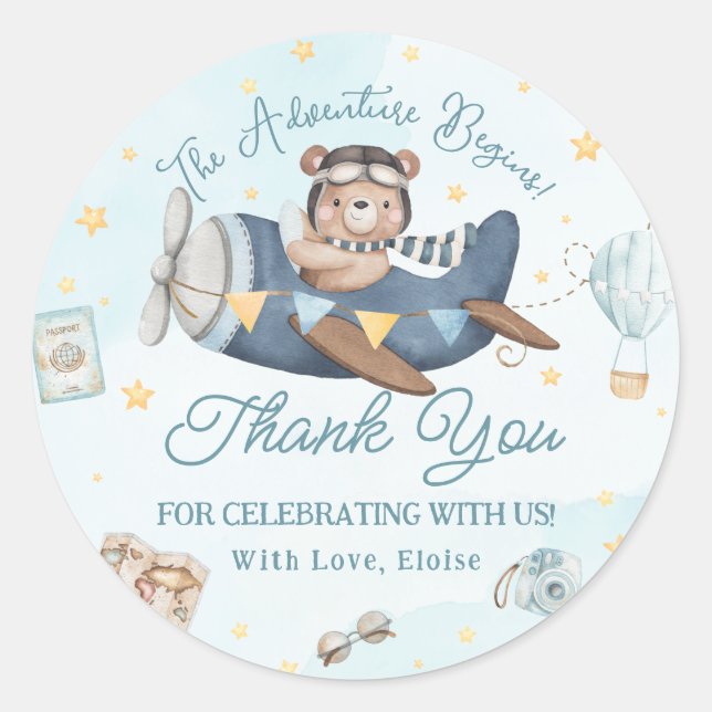 Adventure Begins Cute Bear Plane Boy Baby Shower Classic Round Sticker (Front)