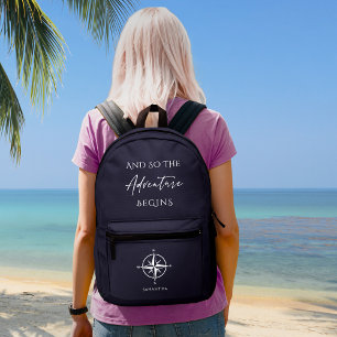 Adventure Begins Dark Blue Travel Personalised  Printed Backpack