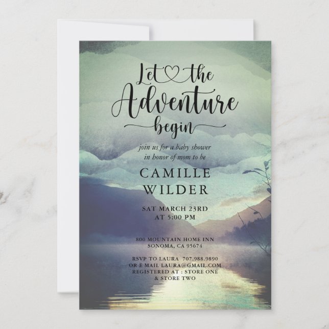 Adventure Begins Forest Mountain Lake Baby Shower Invitation (Front)