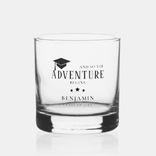 Adventure Begins Grad Black Cap Personalised Gift Whiskey Glass