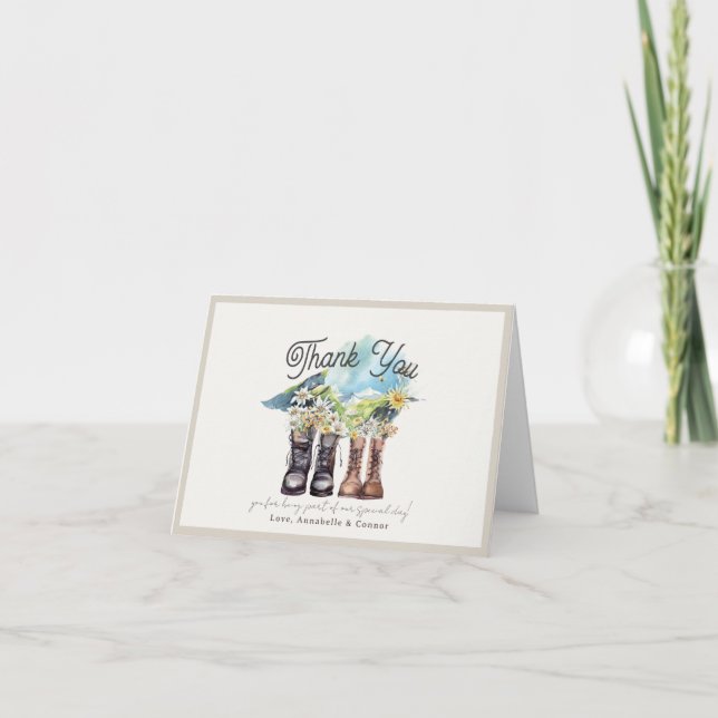 Adventure Begins Hiking Boots Couples Shower Thank You Card (Front)