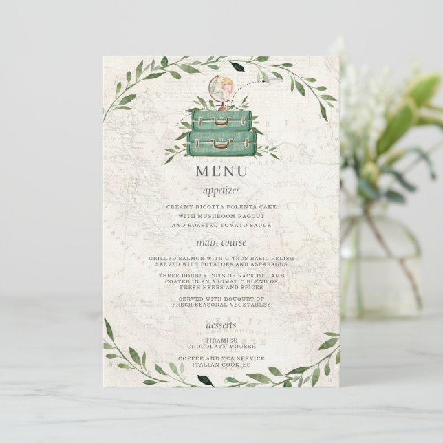 Adventure Begins Luggage Greenery Map Wedding Menu (Standing Front)