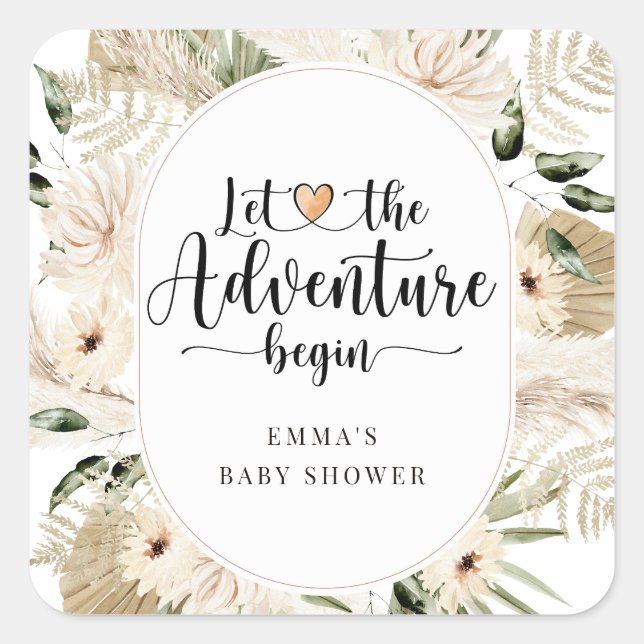 Adventure Begins Pampas Grass Boho Baby Shower Square Sticker (Front)