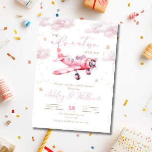 Adventure Begins Pink Aeroplane Girl Baby Shower