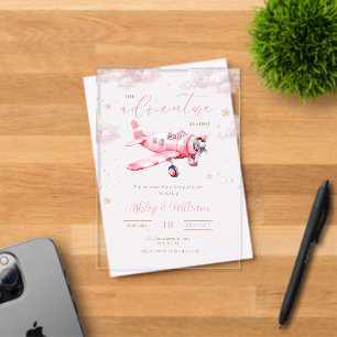 Adventure Begins Pink Aeroplane Girl Baby Shower Acrylic Invitations