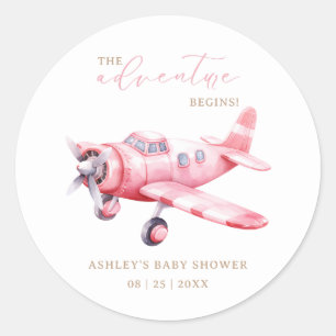 Adventure Begins Pink Aeroplane Girl Baby Shower Classic Round Sticker