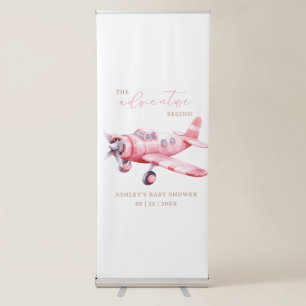 Adventure Begins Pink Aeroplane Girl Baby Shower Retractable Banner