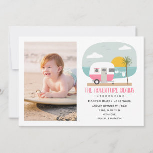 Adventure Begins Pink Beach Camper Baby Birth Announcement