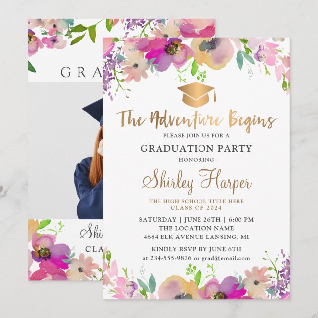 Adventure Begins Pink Floral Graduation Photo Invitation (Front/Back)