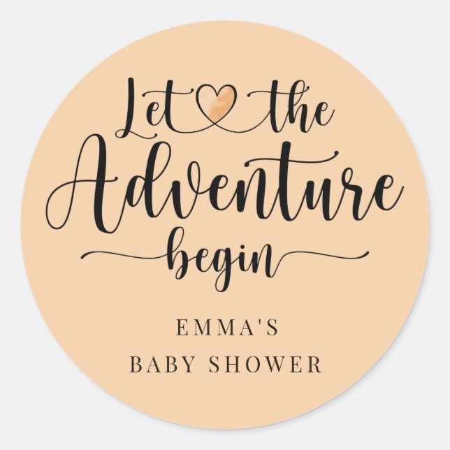 Adventure Begins Pink Heart Baby Shower Classic Round Sticker (Front)