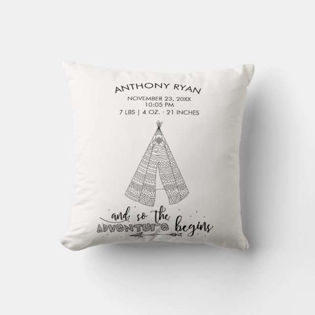 Adventure Begins Teepee Baby Birth Stats Pillow (Front)
