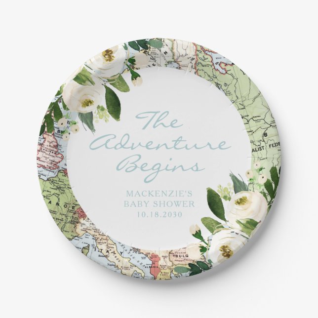 Adventure Begins Travel Baby Shower  Paper Plate (Front)