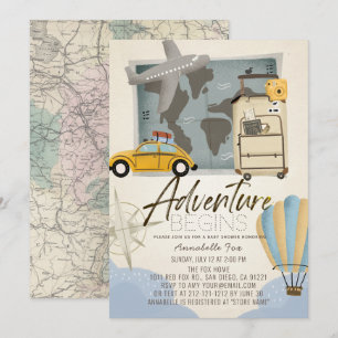 Adventure Begins Travel Map Baby Shower  Invitation