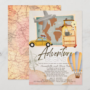 Adventure Begins Travel Pink Baby Shower by Mail Invitation