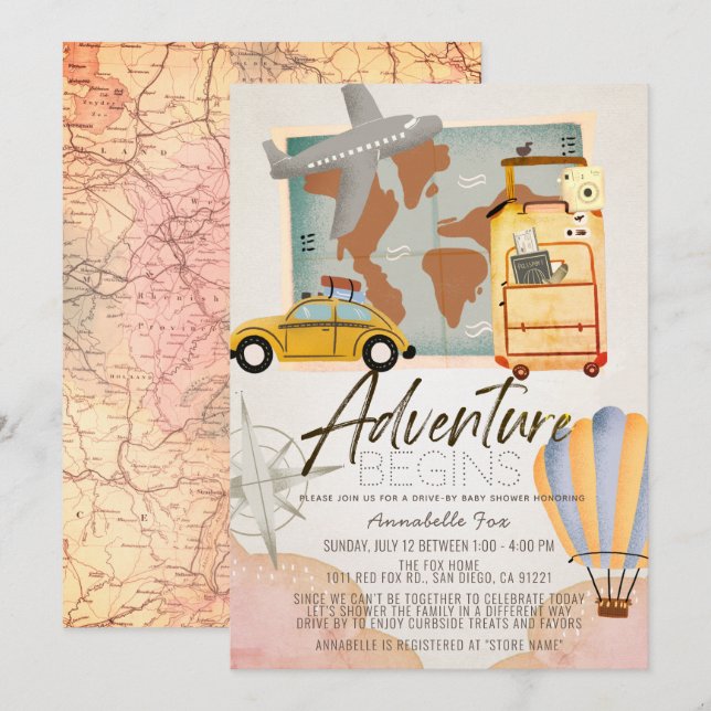 Adventure Begins Travel Pink Drive-by Baby Shower Invitation (Front/Back)
