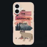 Adventure Begins Travel Sign Post Wilderness iPhone 16 Case<br><div class="desc">A lone wolf stands by a sign post promising adventure with the wilderness beyond. Symbolic modern art for adventurous travellers.</div>