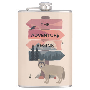 Adventure Begins Travel Sign Post Wilderness Hip Flask
