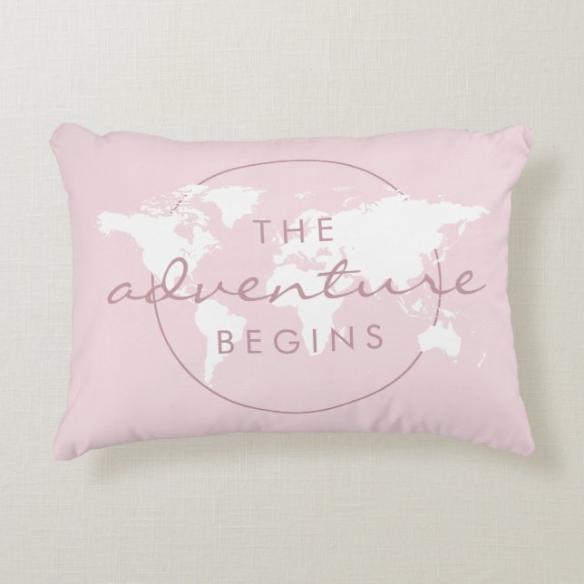 Adventure Begins Travel Theme Pink Decorative Cushion (Front)