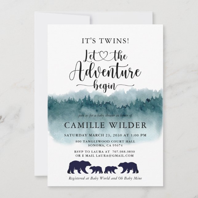 Adventure Begins Twins Watercolor Mountains Bears Invitation (Front)
