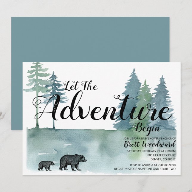 Adventure Begins Watercolor Bears Baby Shower Invitation (Front/Back)