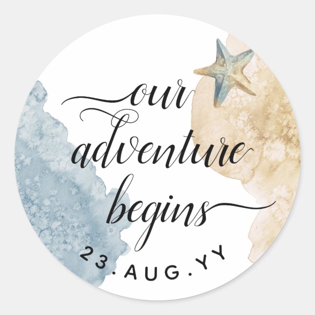 Adventure Begins Watercolor Dusty Blue Wedding Classic Round Sticker (Front)
